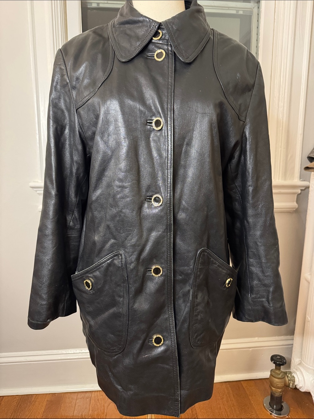 St. John Black Leather Coat with Gold Buttons